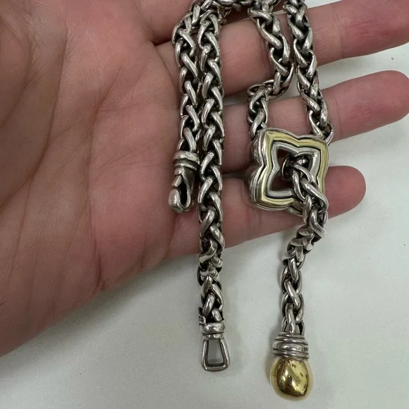 David Yurman Two-Tone Quatrefoil Lariat Adjustable Wheat Chain Necklace